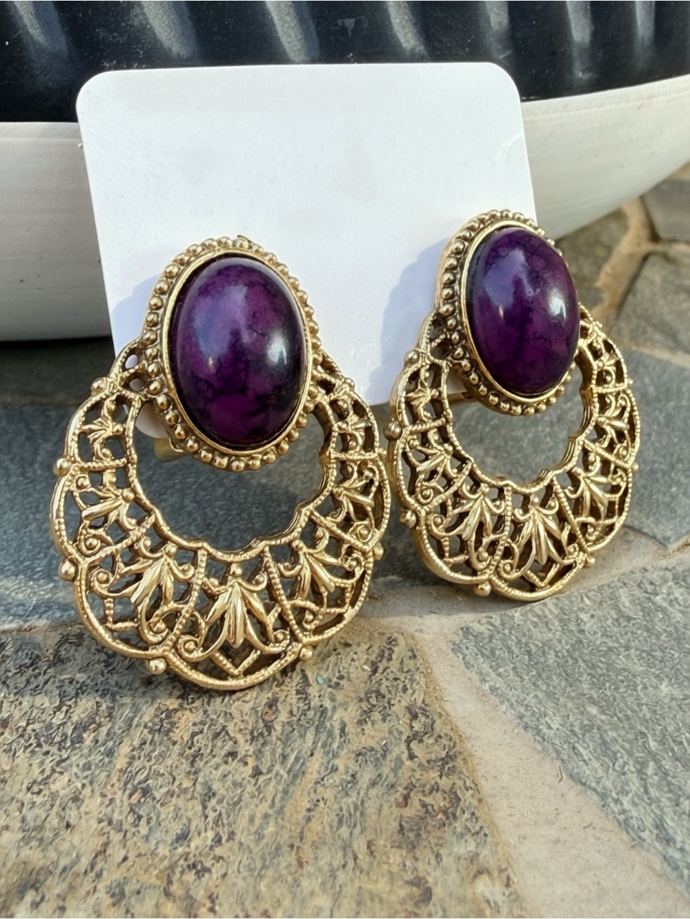 Vintage 1928 Victorian Revival Gold Tone Purple Stone Clip-On Earrings
